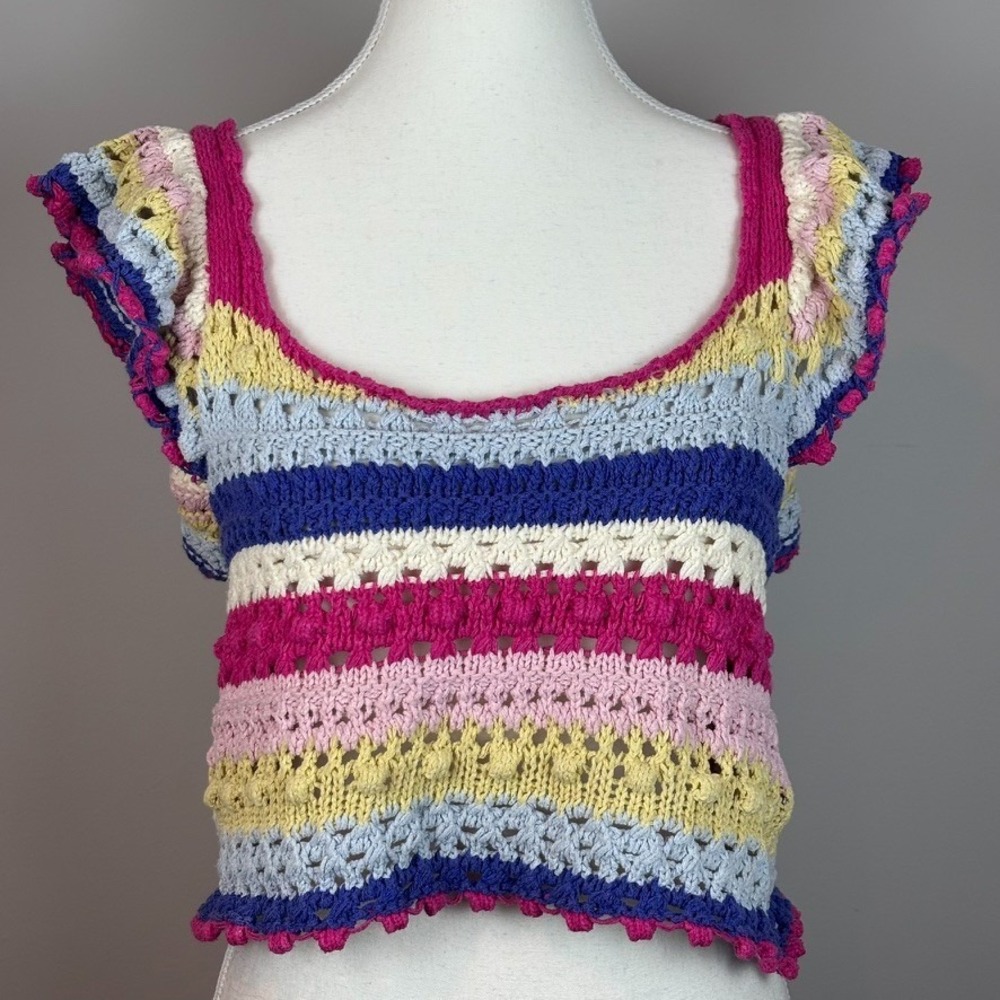 Zara Womens Pink‎ Colorful Crochet Bubble Knit Flutter Sleeve Crop Top Womens M